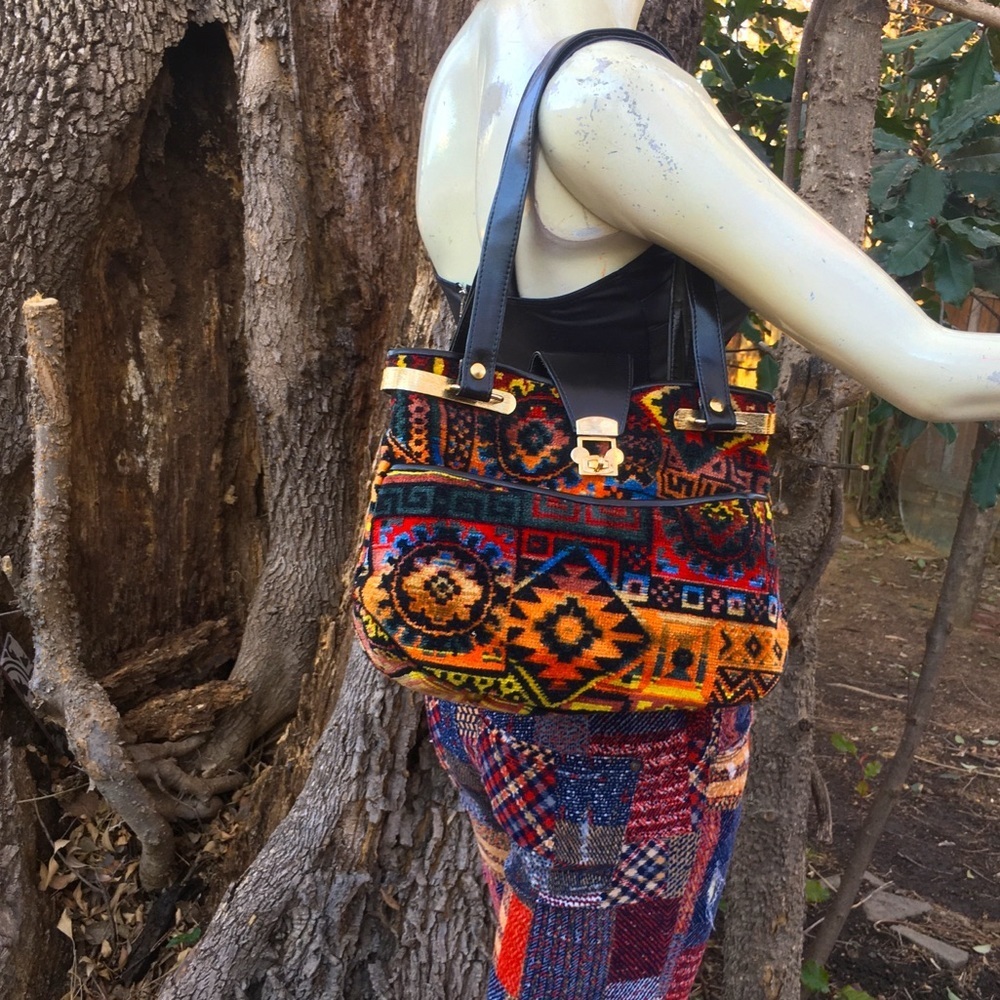 Beautiful Vintage Italian Carpet Bag Vintage Purse Aztec Southwestern Print - Picture 7 of 9